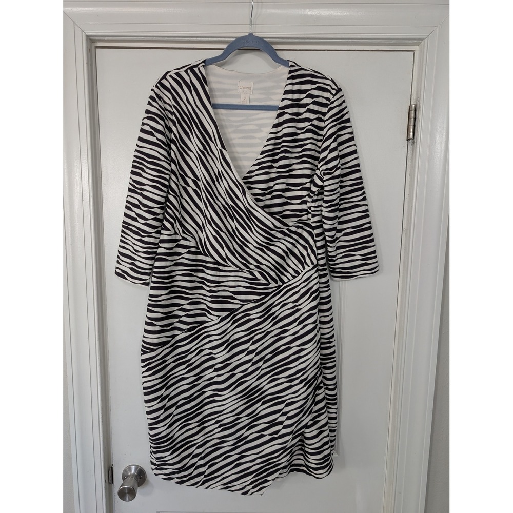 Chico's Zebra Print Faux Wrap Midi Dress‎ Size 2 (L) Black White 3/4 Sleeve